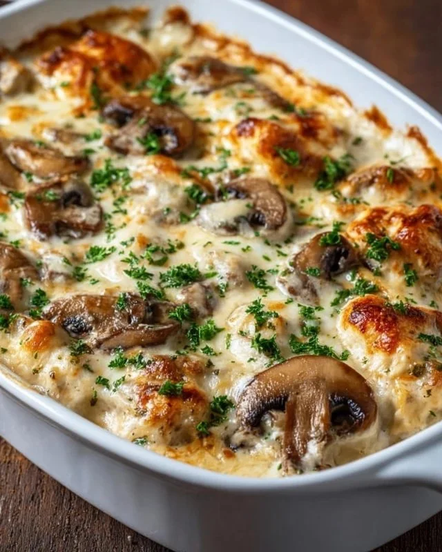 Delicious Keto Garlic Mushroom Chicken Casserole on a rustic wooden table