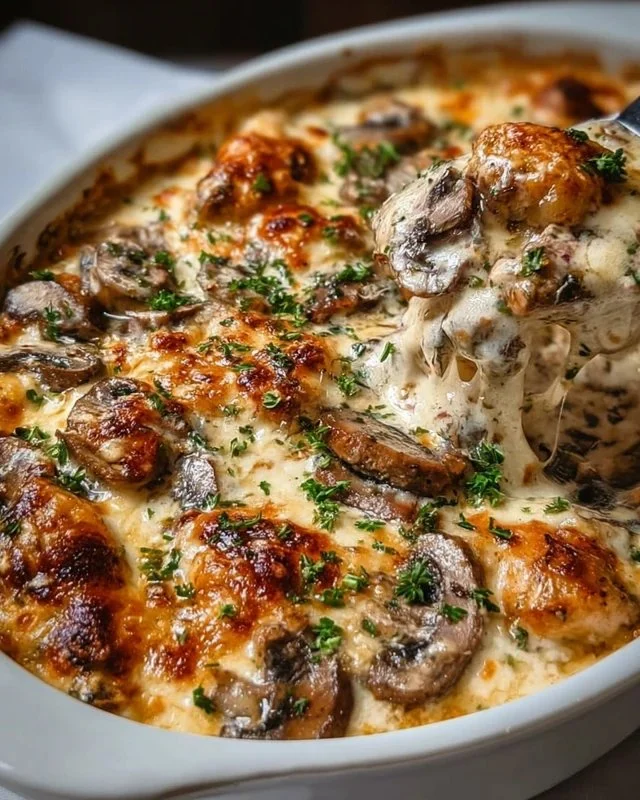 Delicious Keto Garlic Mushroom Chicken Casserole topped with fresh herbs