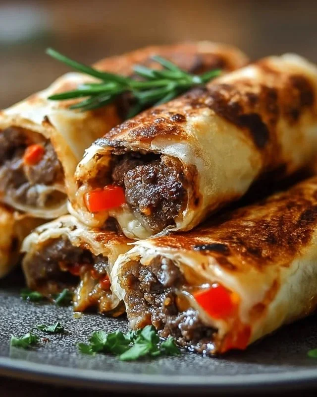 Keto Philly Cheesesteak Roll Ups with cheese and beef on a plate