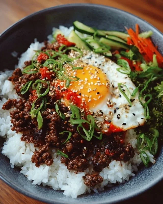 Delicious Korean Ground Beef Bowl topped with vegetables and served over rice.