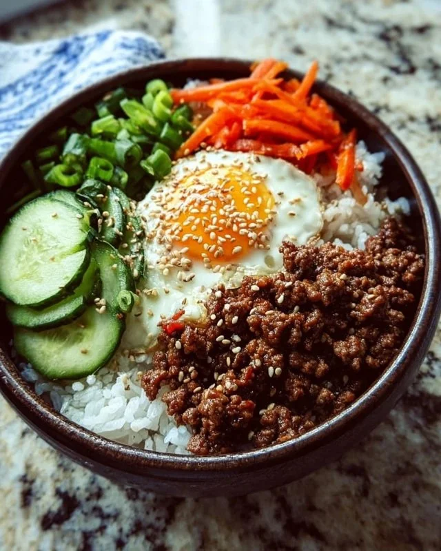 Delicious Korean Ground Beef Bowl topped with fresh vegetables and rice
