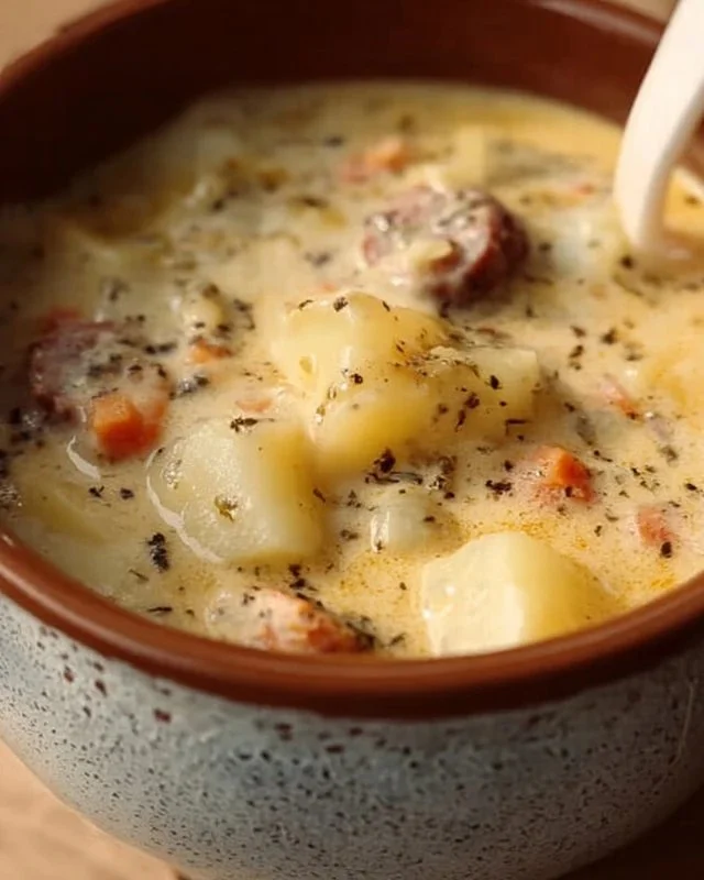 Bowl of legendary sausage potato soup with fresh herbs and ingredients