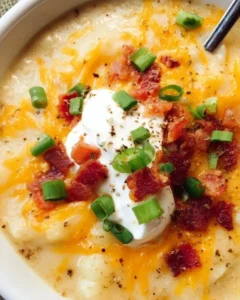 Delicious loaded baked potato soup topped with bacon, cheese, and green onions.