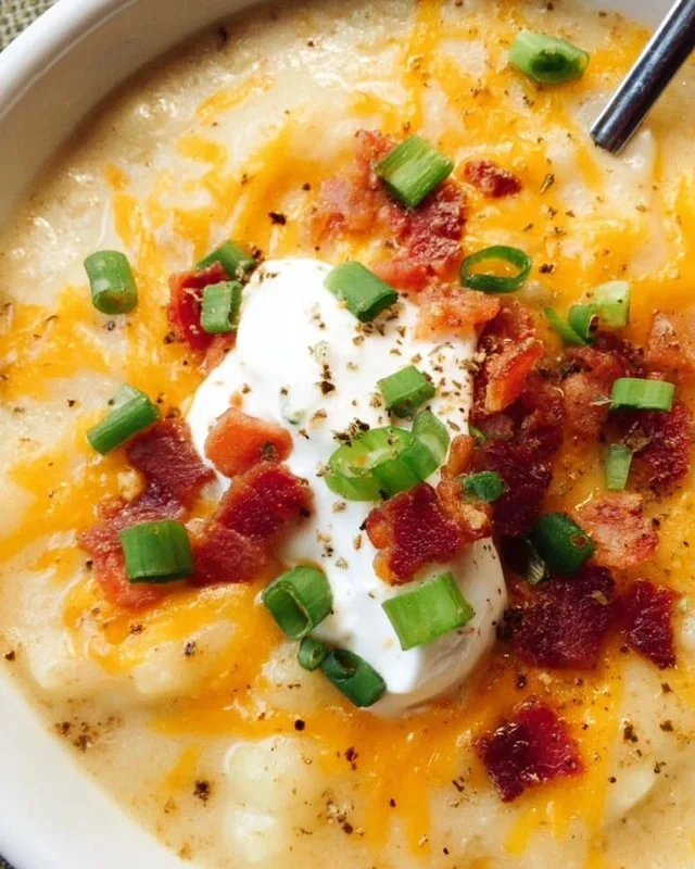 Delicious loaded baked potato soup topped with bacon, cheese, and green onions.