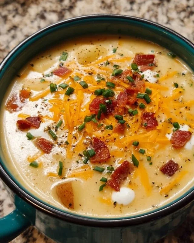 Bowl of delicious loaded potato soup topped with cheese and bacon