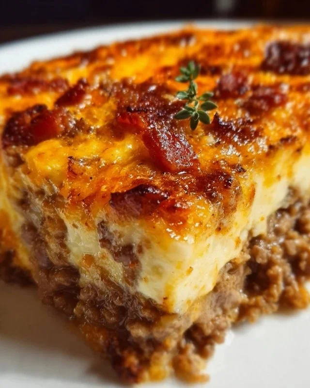 Low-carb bacon cheeseburger casserole topped with cheese and crispy bacon