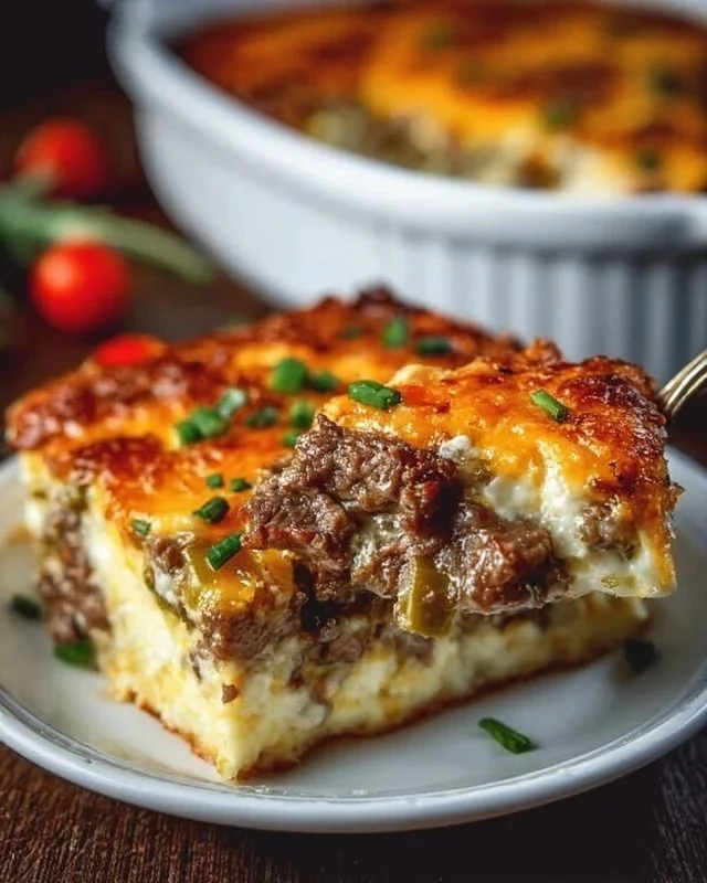 Low Carb Philly Cheesesteak Casserole with beef, cheese, and bell peppers