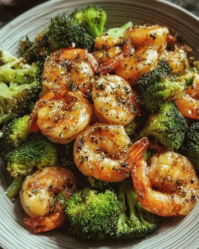 Low carb shrimp and broccoli dish garnished with herbs