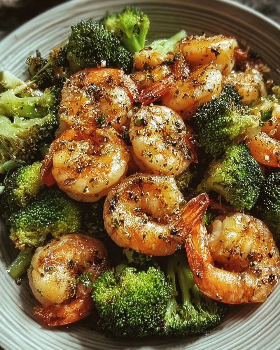 Low carb shrimp and broccoli dish garnished with herbs