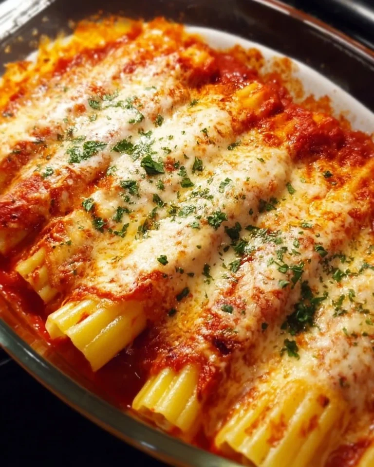 Plate of homemade manicotti pasta stuffed with cheese and topped with marinara sauce.