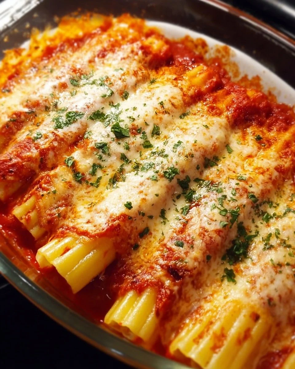 Plate of homemade manicotti pasta stuffed with cheese and topped with marinara sauce.