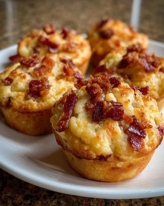 Delicious Maple Bacon Pancake Muffins topped with syrup and crispy bacon