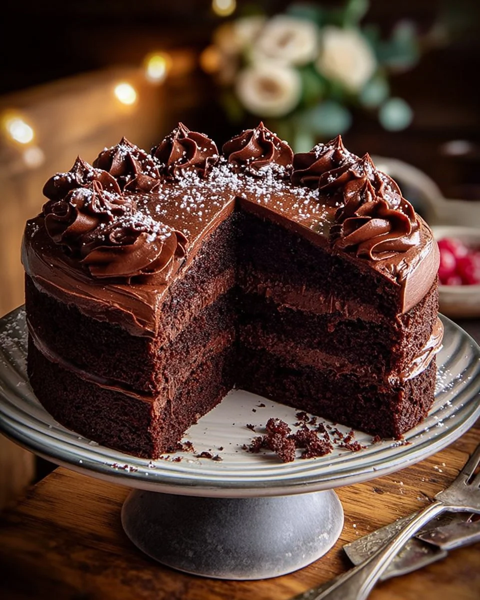 Delicious slice of Matilda's chocolate cake topped with chocolate frosting