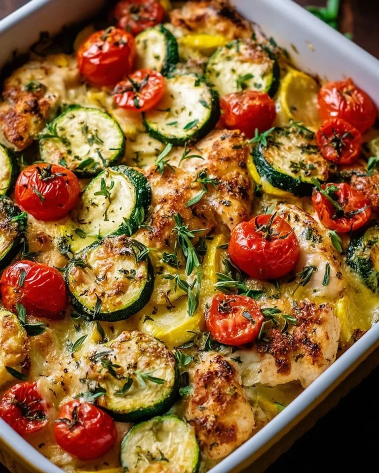 Healthy Mediterranean Chicken Zucchini Bake with vibrant vegetables