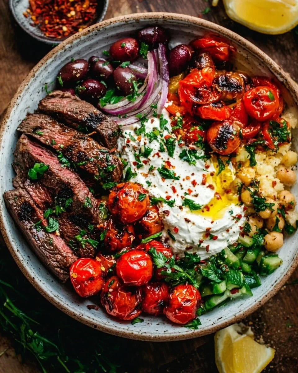 Delicious Mediterranean steak bowl with fresh vegetables and dressing
