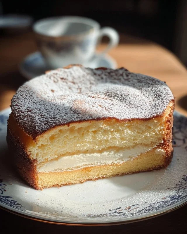 Delicious melt-in-your-mouth cake served on a plate with cream and berries