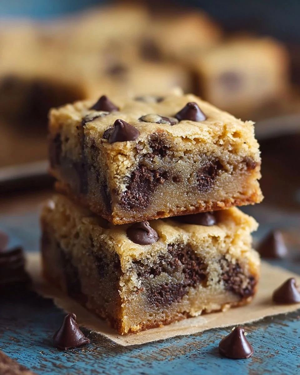 Delicious melt-in-your-mouth chocolate chip cookie bars on a plate