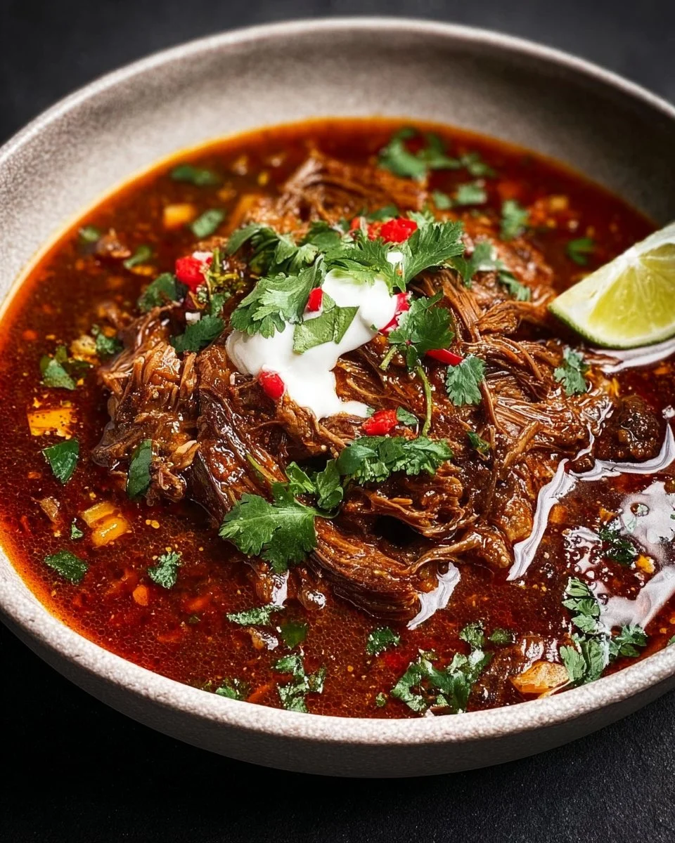 Delicious bowl of Mexican Beef Birria served with fresh tortillas and toppings.