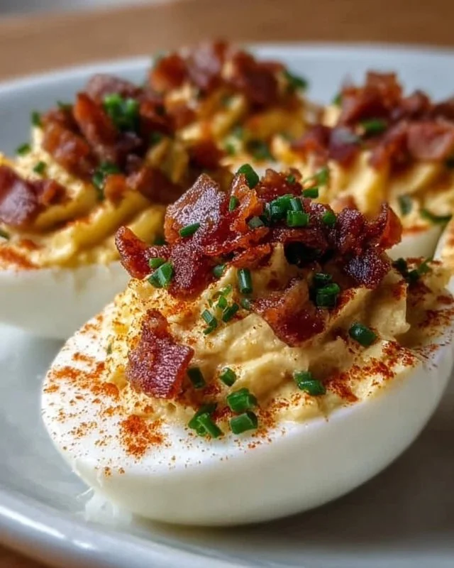 Delicious Million Dollar Bacon Deviled Eggs topped with crispy bacon bits.