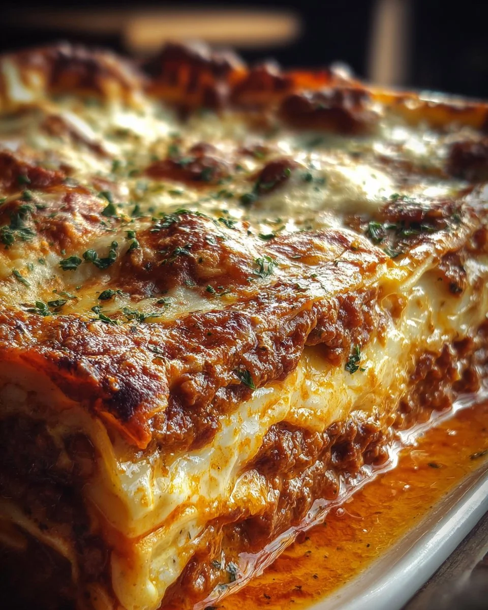 Delicious Million Dollar Italian Lasagna with layers of pasta, meat, and cheese