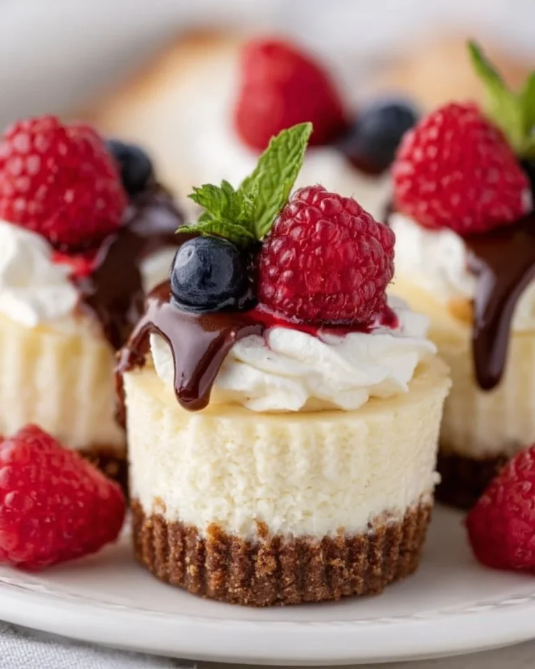 Delicious mini cheesecakes topped with fresh berries and chocolate