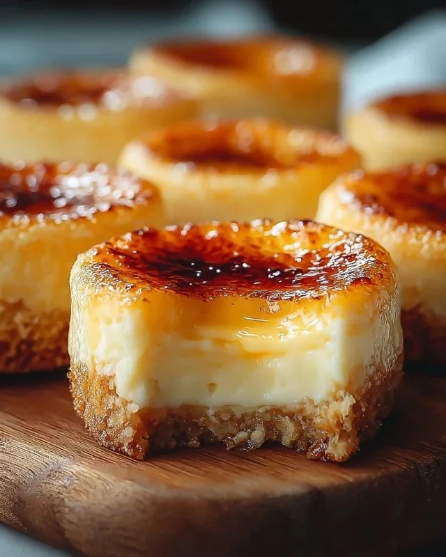 Delicious mini crème brûlée cheesecakes with a caramelized sugar topping