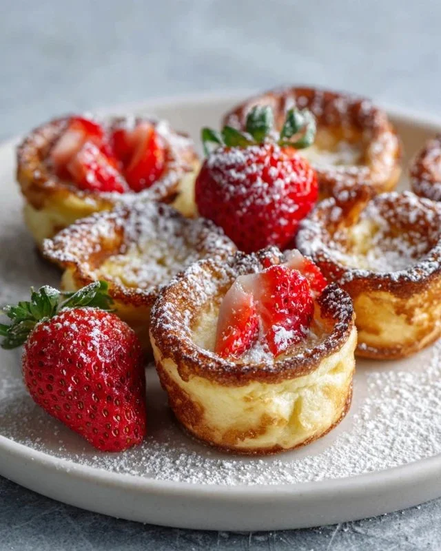 Mini German pancakes served with fresh fruits and syrup on a plate