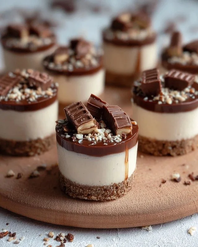 Delicious Mini Kinder Bueno Cheesecakes topped with chocolate and hazelnut.