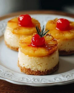 Mini Pineapple Upside-Down Cheesecakes served on a plate with a cherry on top
