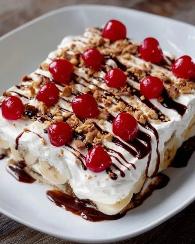 No bake banana split dessert layered with bananas, cream, and chocolate sauce