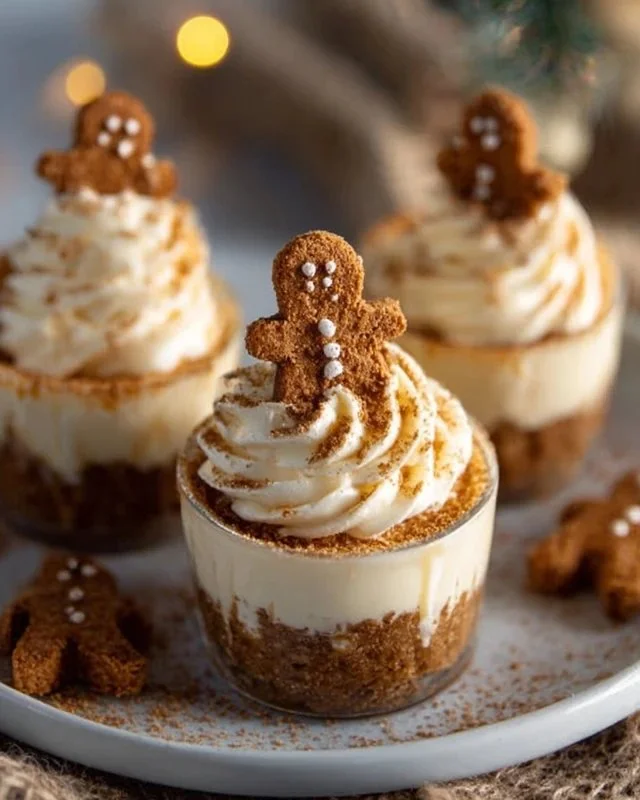 No-bake gingerbread cheesecake cups topped with whipped cream and festive sprinkles