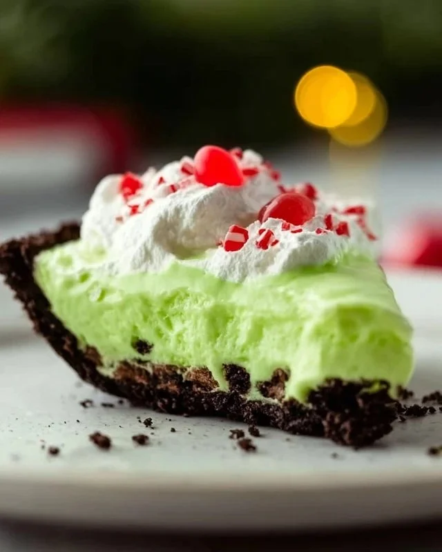 No Bake Grinch Pie decorated with festive colors for the holidays