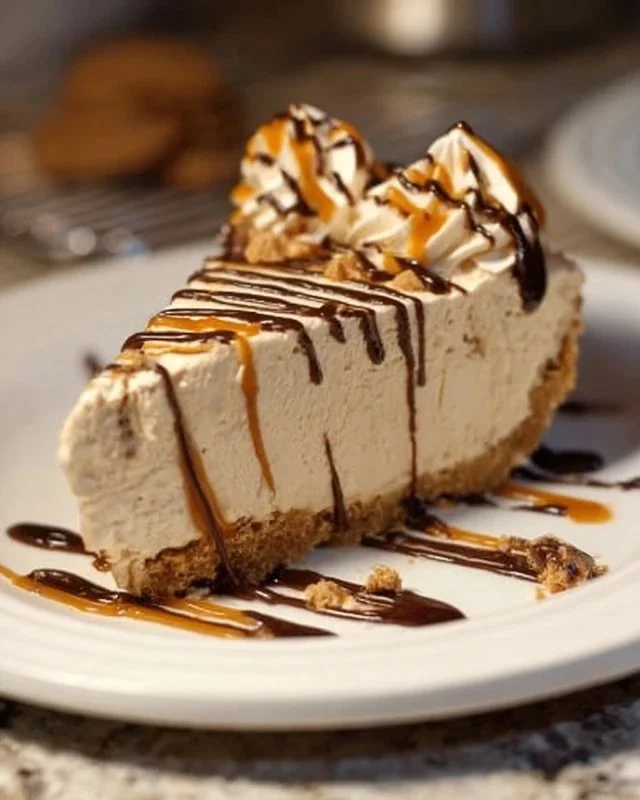 No Bake Peanut Butter Pie served on a plate with chocolate drizzle