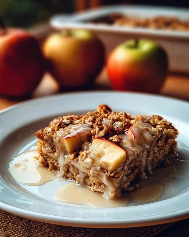 Delicious Oatmeal Apple Bake served in a baking dish with fresh apples and oats