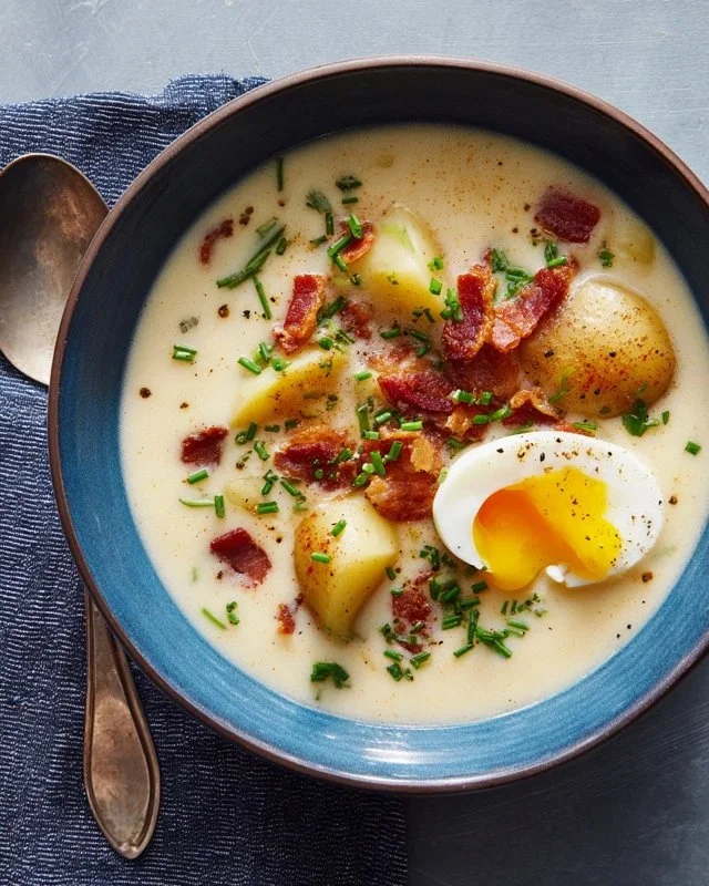 Homemade old-fashioned potato soup served in a bowl with fresh herbs