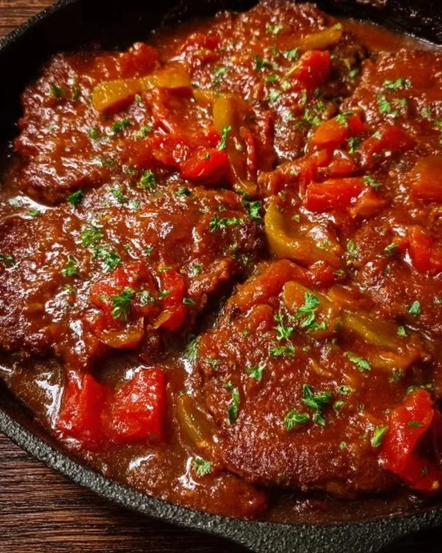 Delicious old-fashioned Swiss steak served with vegetables and gravy