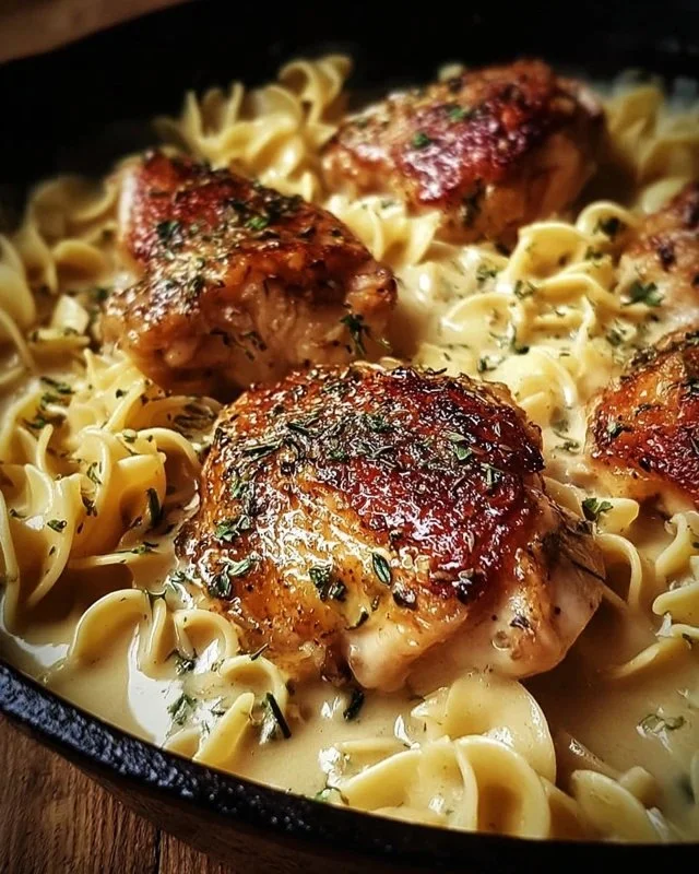 One-pan chicken with buttered noodles served in a skillet