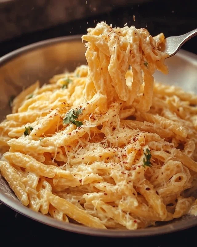 One pot creamy garlic pasta garnished with fresh herbs