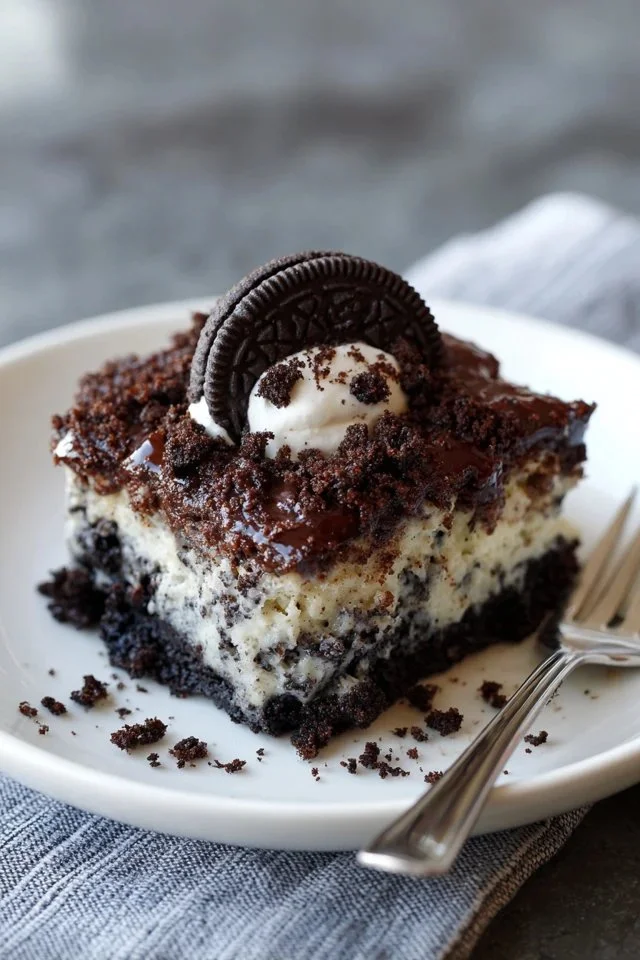 Delicious Oreo Dump Cake topped with cookie crumbles and chocolate.