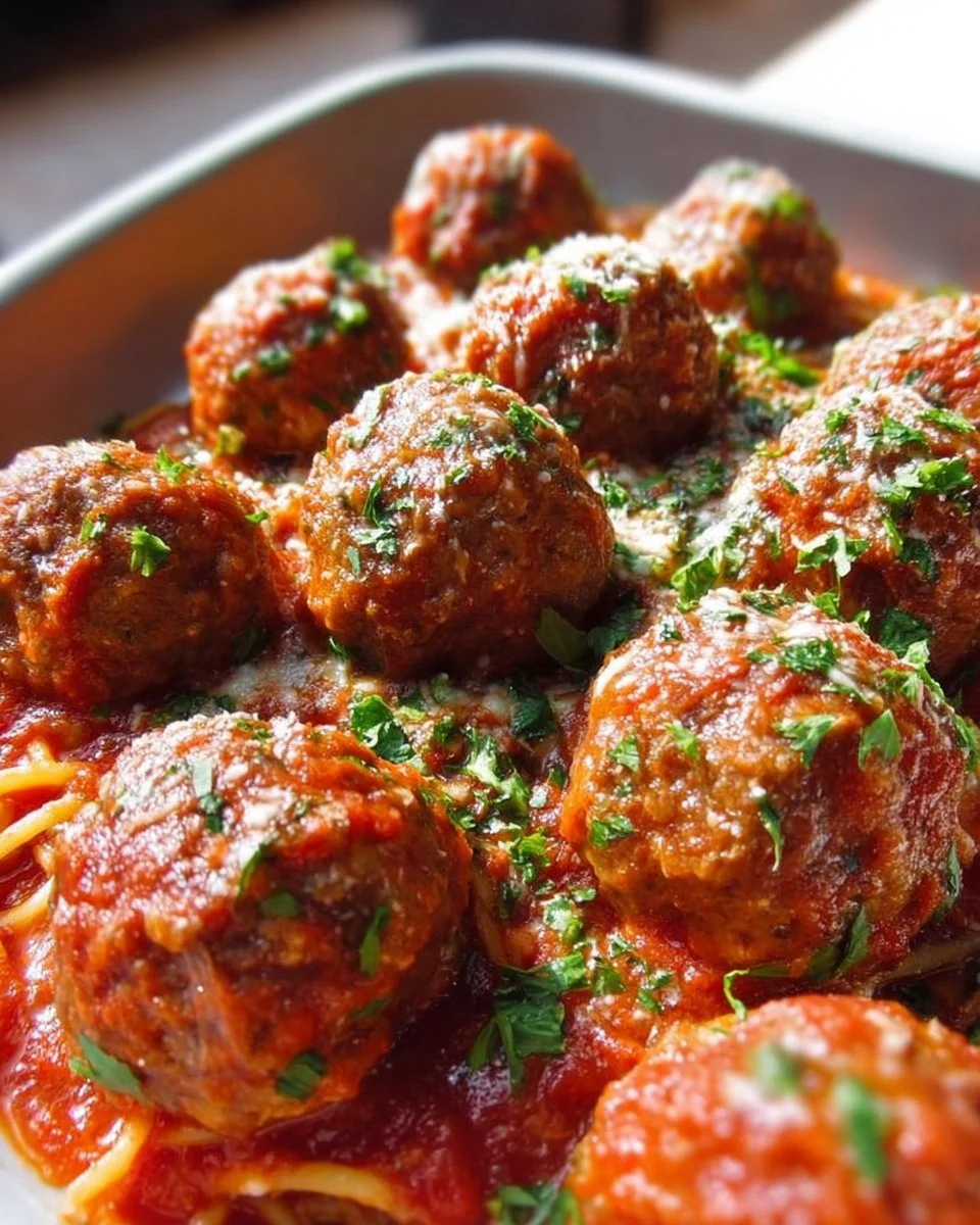 Oven-baked Italian meatballs on a plate with marinara sauce