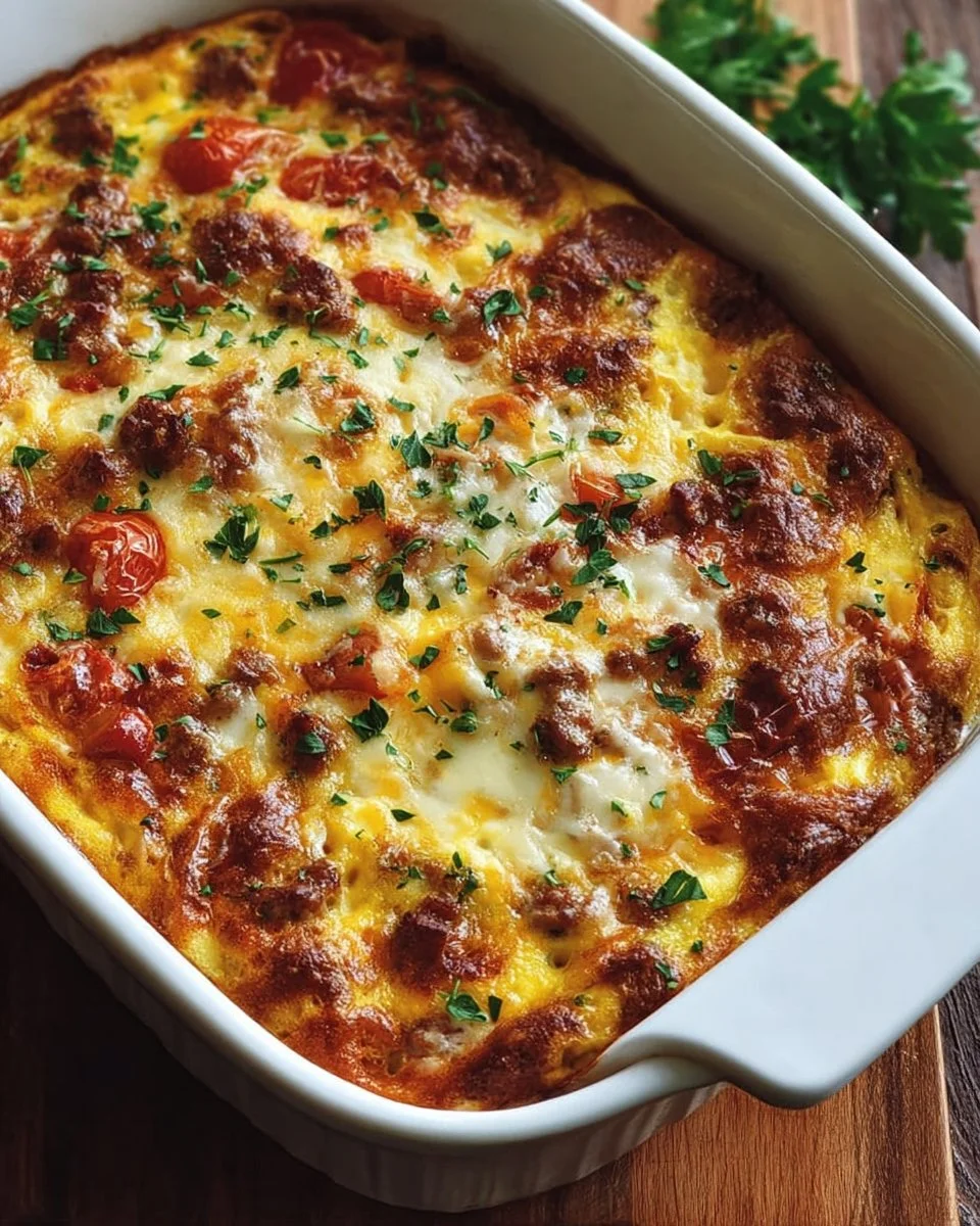Delicious overnight breakfast casserole ready to serve in a baking dish.