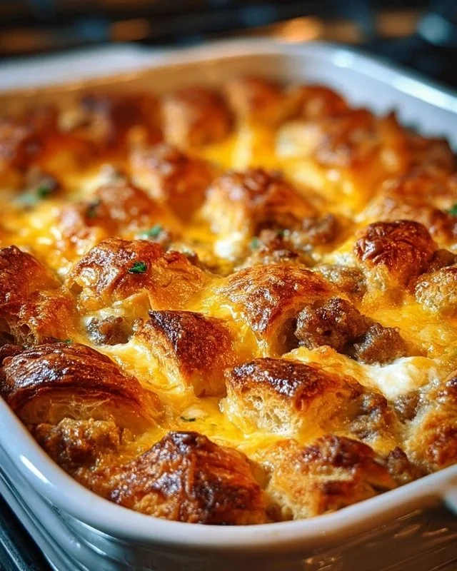 Delicious Overnight Croissant Breakfast Casserole baked to perfection.