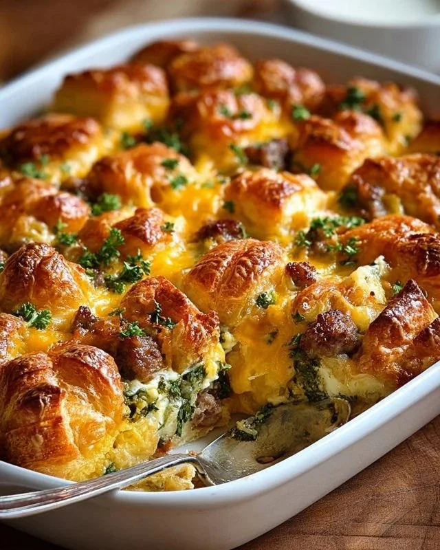 Delicious Overnight Croissant Breakfast Casserole fresh out of the oven