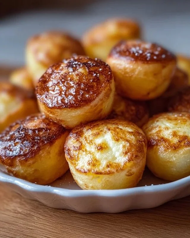 Delicious pancake poppers served on a plate with syrup and berries.