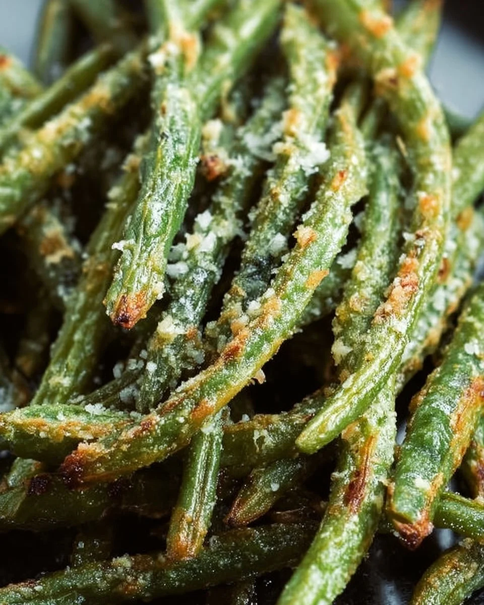 Bowl of Parmesan roasted green beans with crispy texture