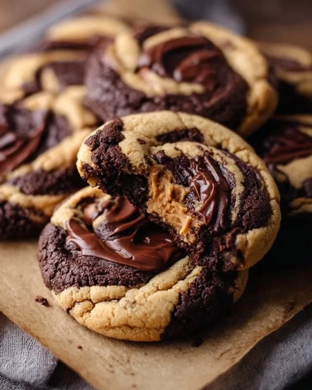 Peanut Butter Brownie Cookies with chocolate swirl on a plate