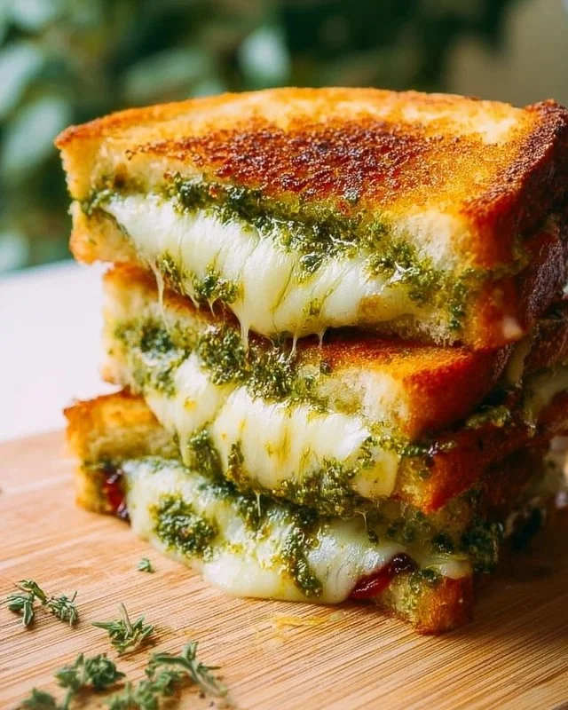 Delicious pesto grilled cheese sandwich with melted cheese and vibrant pesto