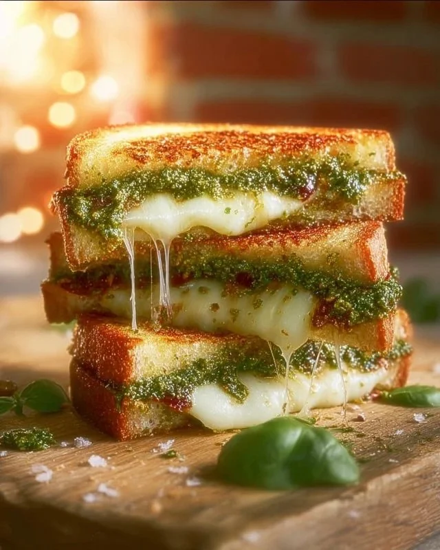 Pesto grilled cheese sandwich with melted cheese and basil pesto spread