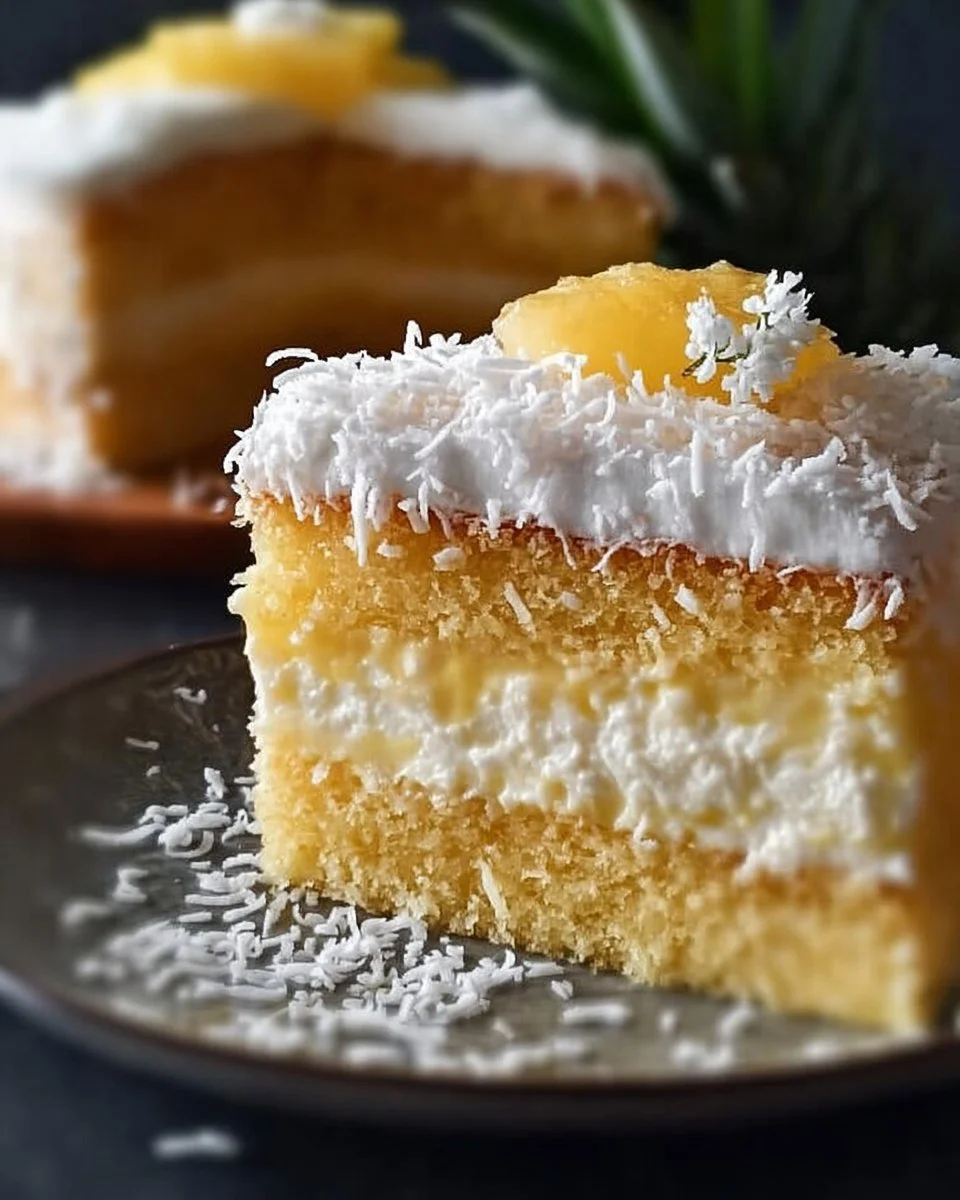 Delicious Pineapple Coconut Dream Cake decorated with coconut flakes and pineapples