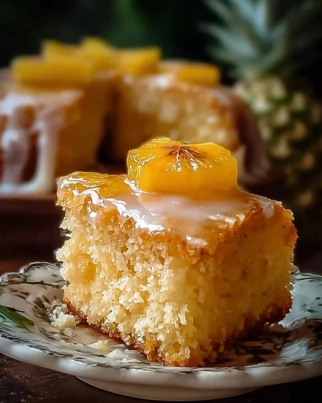 Delicious Pineapple Heaven Cake topped with fresh pineapple slices.
